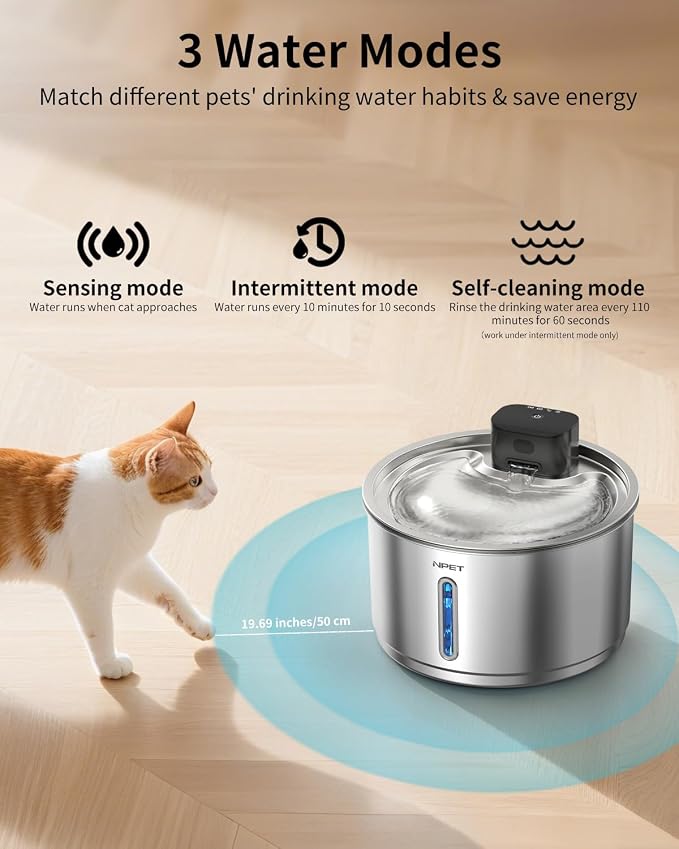 NPET Stainless Steel Wireless Cat Water Fountain with 8 Replacement Filters | 1Gallon/135oz, Battery Operated, Automatic Pet Drinking Fountain, Cordless Dog Water Dispenser, For Cats Indoor