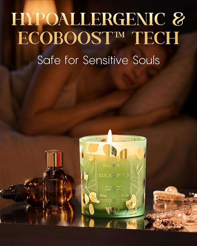 M&SENSE Eucalyptus Soy Candle, 8.1oz Gilded Glass, Spa Calming Aromatherapy | 42H Slow Burn, Fresh Bathtub Home Fragrance, Non-Toxic, Warmer Lamp Safe, Reusable Spa Jar, Sensitive-Nose Friendly