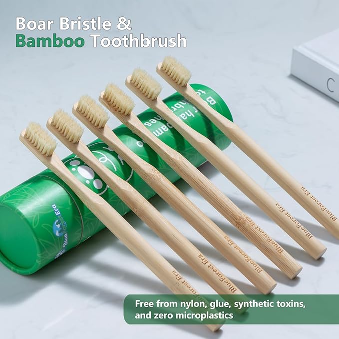 BlueForest Era Boar Bristles & Bamboo Toothbrush, Premium Boar Bristle Toothbrush for Adult, Plastic & Nylon Free, Eco-Friendly Natural Biodegradable Compostable Bamboo Tooth Brushes 6 Pack