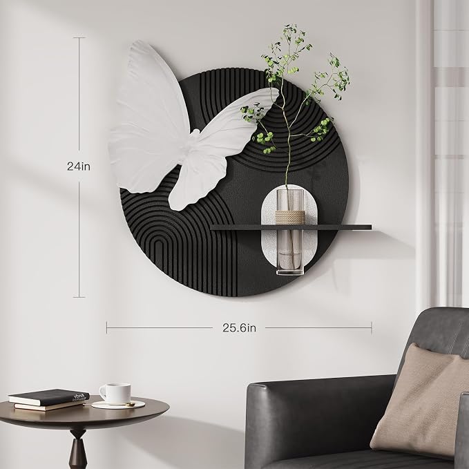 3D Black and White Modern Minimalist Butterfly Wall Art Decor, 24x24 Inch | With vase, Textured, Round, Geometric, Artwork for walls, Sandstone texture, Wall art for living room, Dining room, Hallway