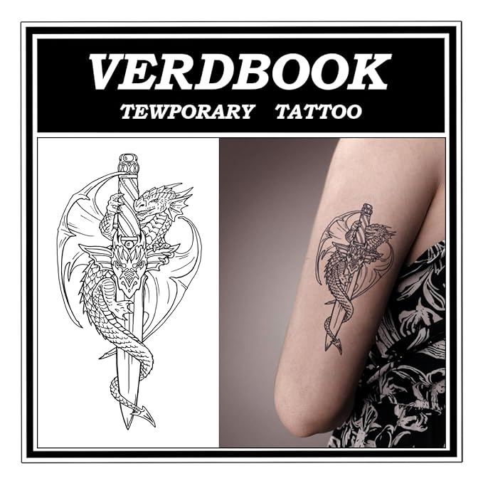 Waterproof Temporary Tattoos: 2-Sheet Tattoo Kit with Realistic Body Stickers, Semi-Permanent Tattoos for Adults Lasting 7-15 Days – Safe for Men & Women, Double Dragon & Sword Pattern