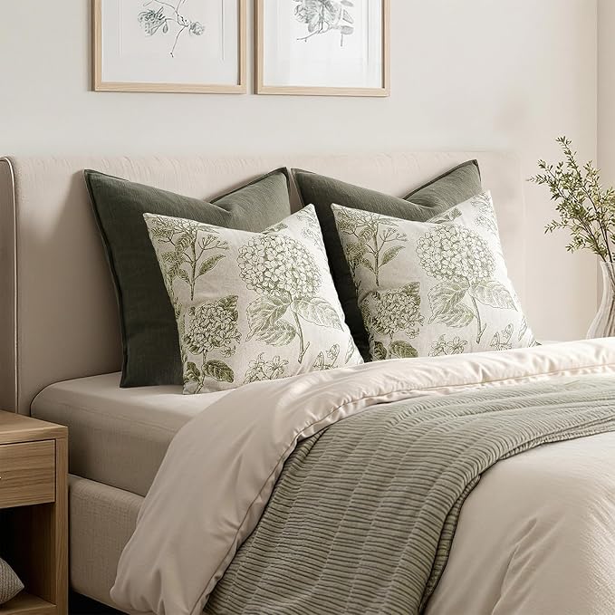 Set of 2 Decorative Floral Pillow Covers 18x18 Inch Light Green | Neutral Hydrangea Print, Boho Vintage Throw Cushion Covers, Cottagecore Home Decor, for Sofa Couch Porch Bedroom Living Room