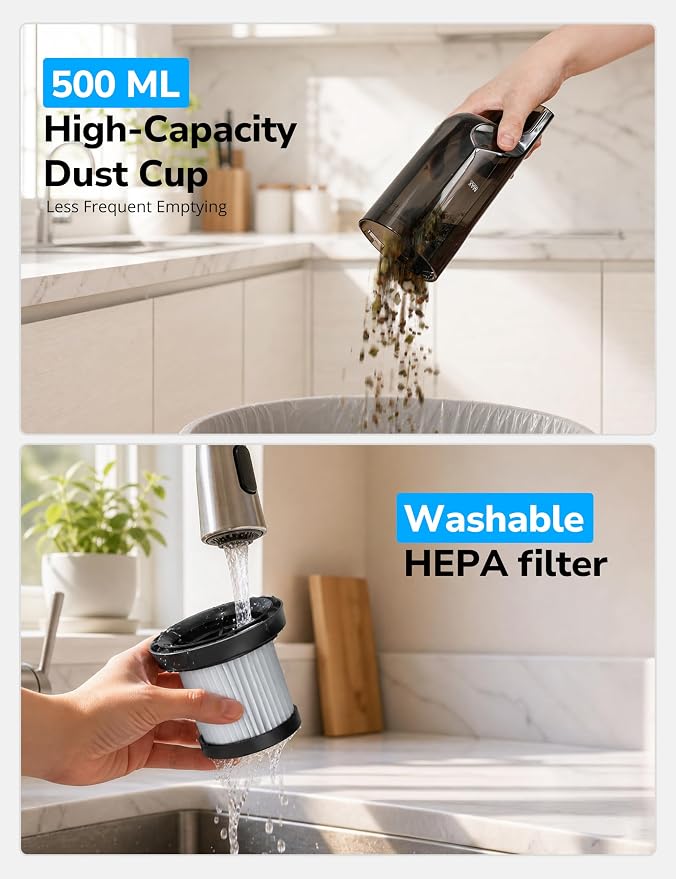 Handheld Vacuum Cordless, 24KPA Powerful, Rechargeable, Charging Dock, Ergonomic Handle, 2-in-1 Crevice Tool, 1.8lb Portable Vacuum Cleaner with 2-Speed for Car, Portable Car & Pet Hair Vacuum