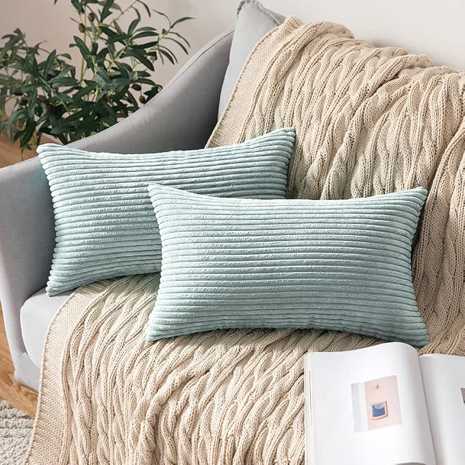 MIULEE Lumbar Corduroy Throw Pillow Covers Set of 2 12x20 Mint | Decorative Striped Textured Cushion Cases, Boho Energetic Vibe Pillowcases, Home Decor for Couch Chair Sofa Bed Living Room