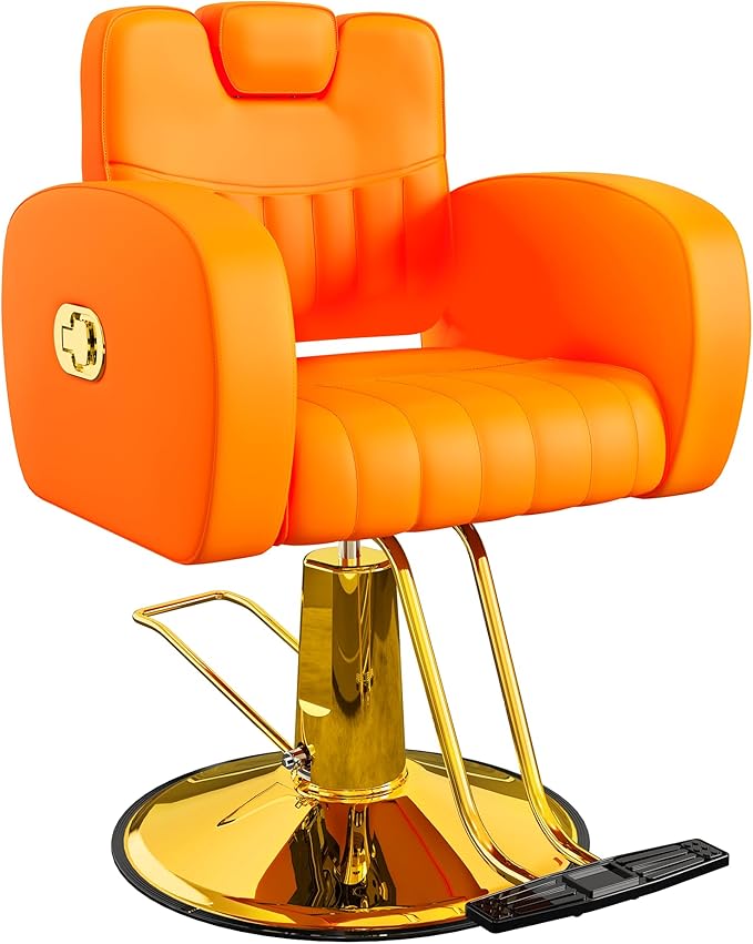 Baasha Ergonomic Orange and Gold Salon Chair with Comfortable Thickened Cushions, Heavy Duty Reclining Stylist Chair for Hair braiding, Extensions, Tattooing, Weight Capacity 440 lbs
