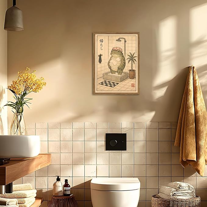 Funny Japanese Frog Bathroom Wall Art Whimsical Frog Shower Wall Decor 12x16 inch Wood Framed, Eclectic Japan Animal Bathroom Poster Painting Canvas Prints Aesthetics