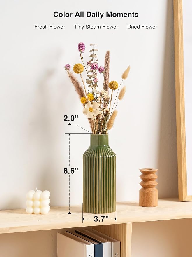 STHIE 8 Inches Ceramic Flower Vase, Green Vases for Centerpieces | Flambé Reactive Glaze,Minimalist Modern Home Decor, Pampas Grass Vase for Table, Fireplace, Shelf, Mantel, Entryway