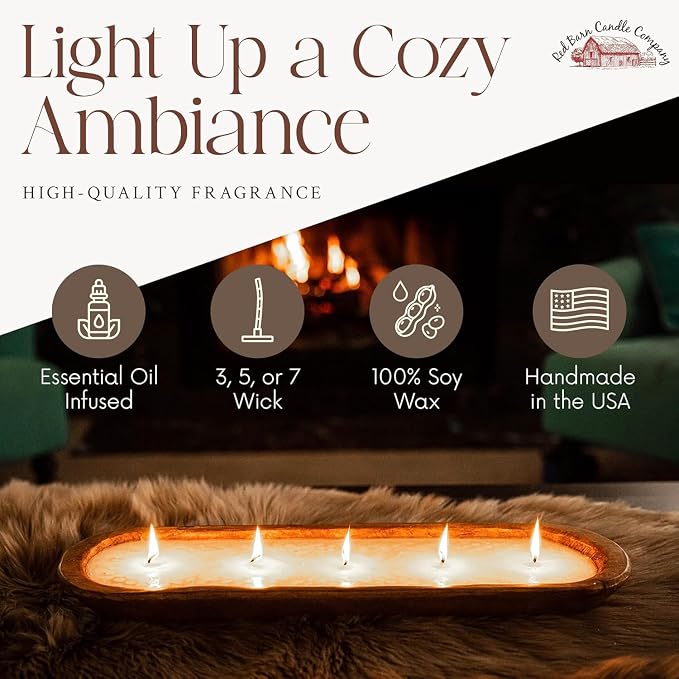 Red Barn Candle Company Wood Dough Bowl Candles | 100% Natural Soy Wax & Essential Oil Infused | Odor Eliminating + Pet Safe | Scented Candle Gifts for Men & Women (7-Wick, Lemon Verbena)