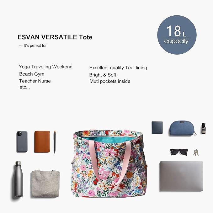 ESVAN Yoga Tote Bag for Women Drawstring Canvas Shoulder Bags for Workout Travel Carryall Pilates Gym and Beach