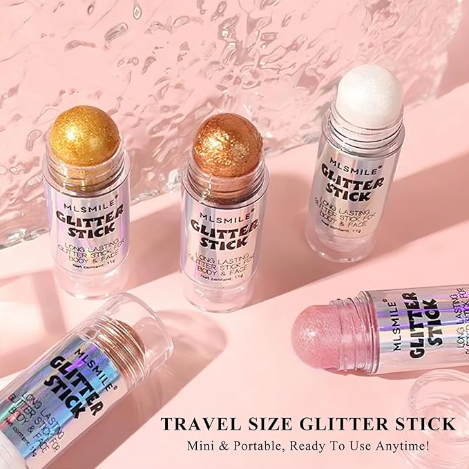 Rose Pink Body Glitter Stick, Multi-Use Highlighter Makeup, Long Lasting Glitter Stick for Body & Face Eyes Lip, Glitter Sparkling Mermaid Sequins for Women, Great for Daily, Festival, Party