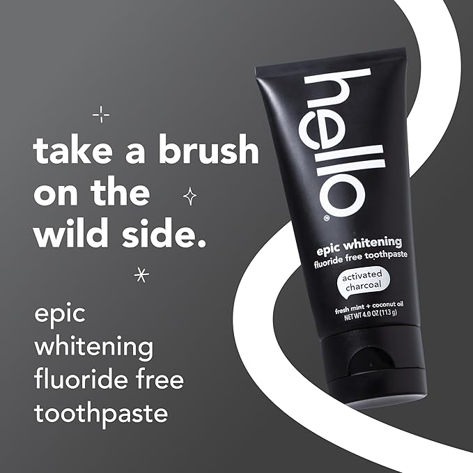 hello Epic Whitening Charcoal Fluoride Free Toothpaste, Activated Charcoal Toothpaste with Coconut Oil, Whitens Teeth Naturally, SLS Free, Fresh Mint, 3 Pack, 4.0 Oz Tubes