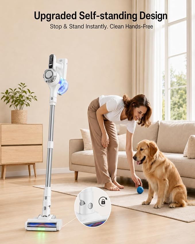 Trucozie Cordless Vacuum Cleaner, 8-in-1 Lightweight Stick Vacuum with 45mins Runtime, Powerful Suction, Green Light & Self-Standing Vacuum Cleaners for Home, Hardwood Floors, Carpet, Pet Hair,White