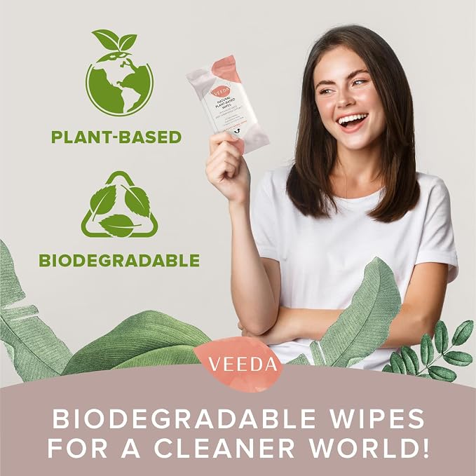 Veeda Plant-Based Feminine Wipes – pH-Balanced, Hypoallergenic & Biodegradable Wipes for Sensitive Skin, Fragrance-Free Travel Sized Wipes – 20 Count