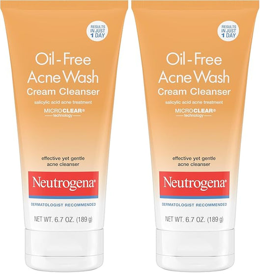Neutrogena Oil-Free Acne Face Wash Cream Cleanser, 2% Salicylic Acid Acne Treatment, Daily Facial Cleanser for Acne-Prone Skin, 6.7 fl. oz (Pack of 2)