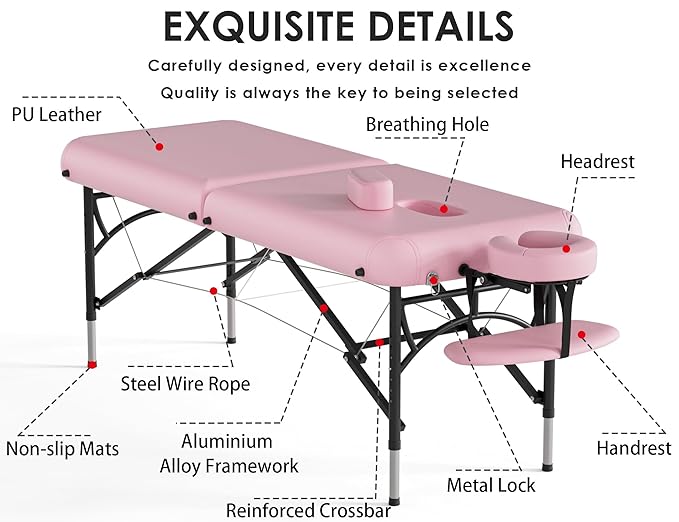 CLORIS 84" Professional Massage Table Portable 2 Folding Lightweight Facial Salon Spa Tattoo Bed Height Adjustable with Carrying Bag & Aluminium Leg Hold Up to 1100LBS Pink