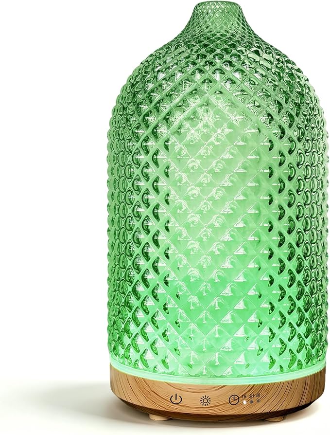 Essential Oil Diffuser, 3D Diamond Glass Aromatherapy Diffuser with Ultrasonic Cool Mist, 7 Color LED Lights, 1/2/4H Timer, Quiet Auto Shut-Off Oil Diffuser for Bedroom, Home, Office (Green)