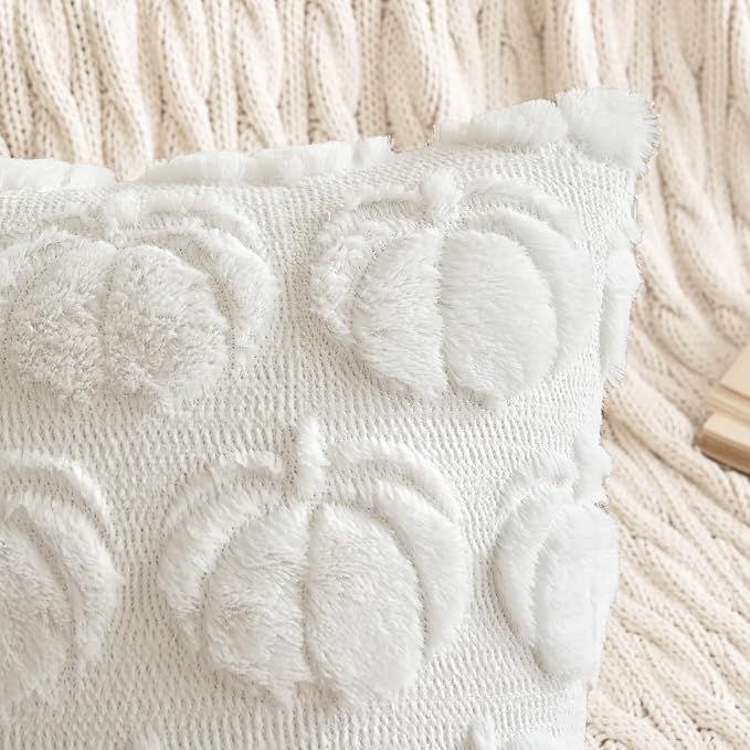MIULEE Fall Pillow Covers Pumpkin Fall Decor 16x16 Pure White | Set of 2 Fall Decorations for Home, Plush Faux Fur Farmhouse Accent Pillowcases, Porch Sofa Couch Cushion Bed Livingroom