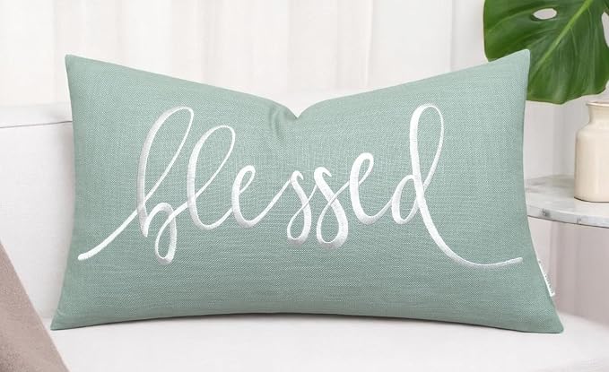 EURASIA DECOR Blessed Embroidered Lumbar Pillow Cover 12x20, Light Teal | Raised ivory script on light teal; scripture faith gift, cotton, hidden zip, solid back, cover only