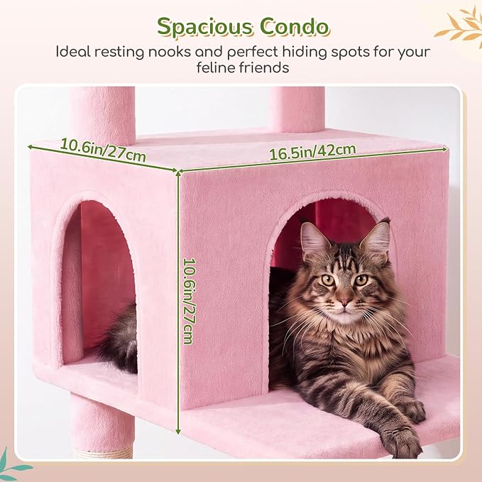 Globlazer Extra Large Platform Cat Tree, 65in Sturdy Cat Scratching Tree for Indoor Cats Large Adult, Big Cat Perch Tower with 3 Padded Perches, 6 Scratching Posts, Cat Condo, Hammock, S65, Pink