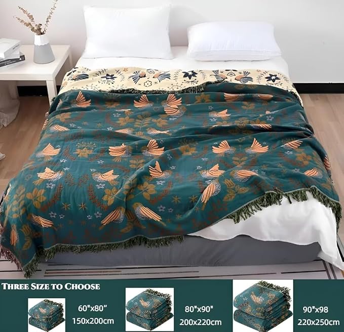 Boho Throw Blanket for Bed 100% Cotton Bohemian Blankets Ultra Soft Woven Muslin Decorative Blankets All Seasons Vintage Quilt Knitted Blanket for Sofa Chair(Blue, 60"x80")