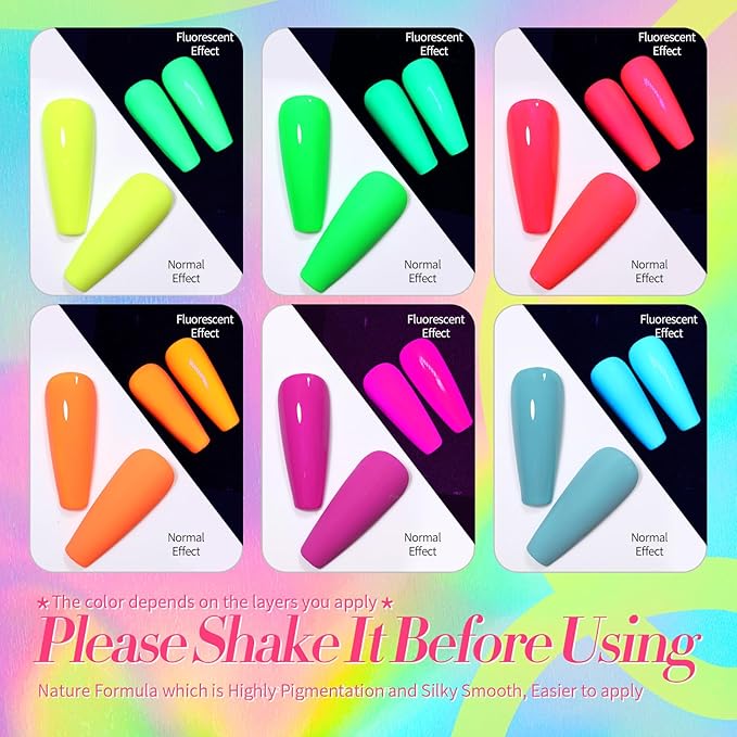 Born Pretty Neon Nail Polish Set, 6 Colors Halloween Quick Dry Nail Polish Hot Pink Orange Yellow Green Blue Purple Fingernail Polish 10ml 0.34oz Fluorescent Glossy Nail Lacquer Polish Set