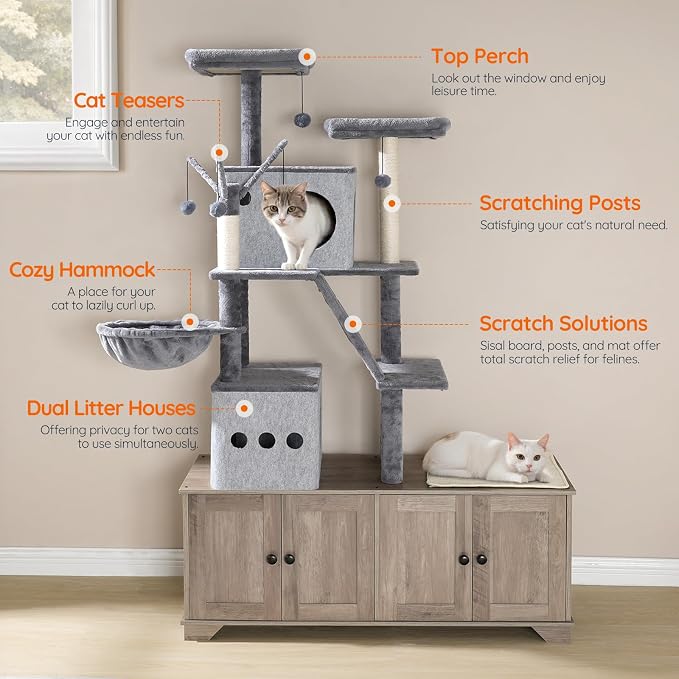 HOOBRO Double Litter Box Enclosure with Cat Tree, 45.3" L x 17.7" W x 68.9" H All-in-One Modern Cat Tower with Bed, Hidden Litter Box Enclosure Furniture, with Hammock, Sisal Posts, Greige BG22MZ03