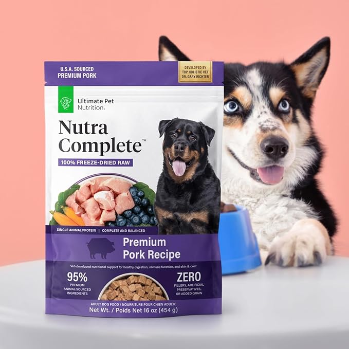ULTIMATE PET NUTRITION Nutra Complete Freeze-Dried Dog Food, Pork 1lb x4 | Vet-formulated dog food with antioxidants, prebiotics & amino acids, full meal or topper for adult canines, all breeds/sizes