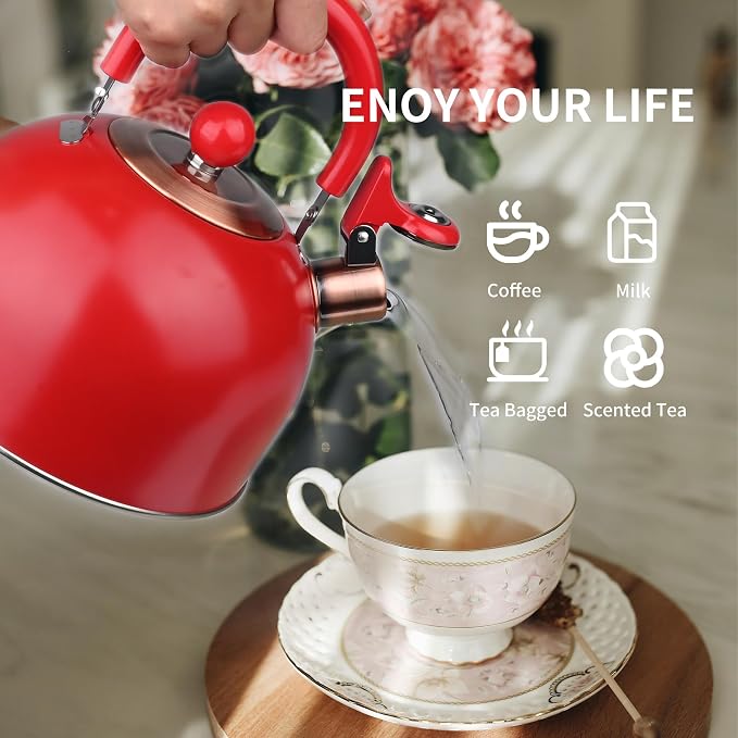 2.6 Quart Red Whistling Tea Kettle for Stovetop, Stainless Steel Teapot with Cool-Touch Handle, Loud Whistle, Wide Base, Gas Electric Induction Compatible