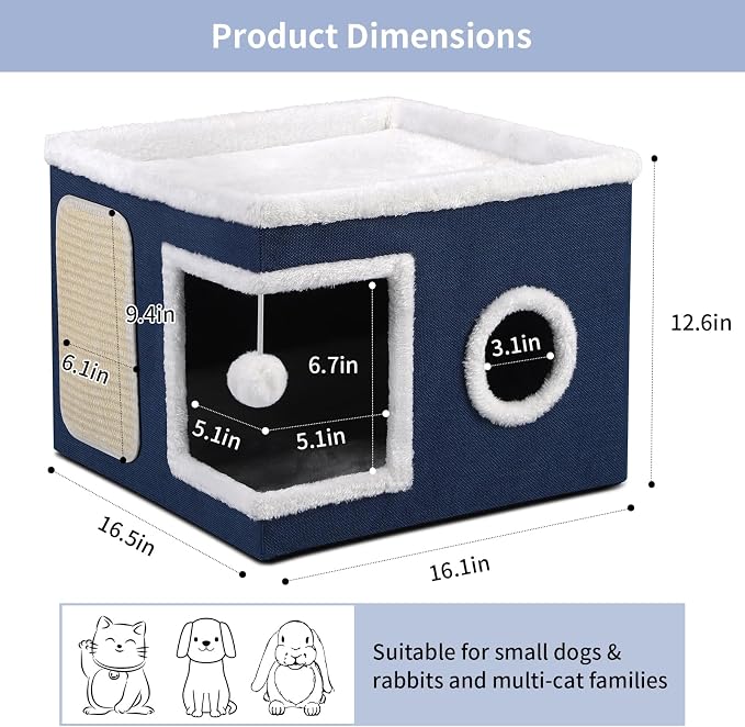 Shikha Cat House Bed for Indoor Cats with Fluffy Ball and Scratch Pad Blue | Foldable Large Cat Cave Hideaway with Cozy Condo, Hide and Seek Window, Holds Up to 30LBS, All Season Reversible Cushion