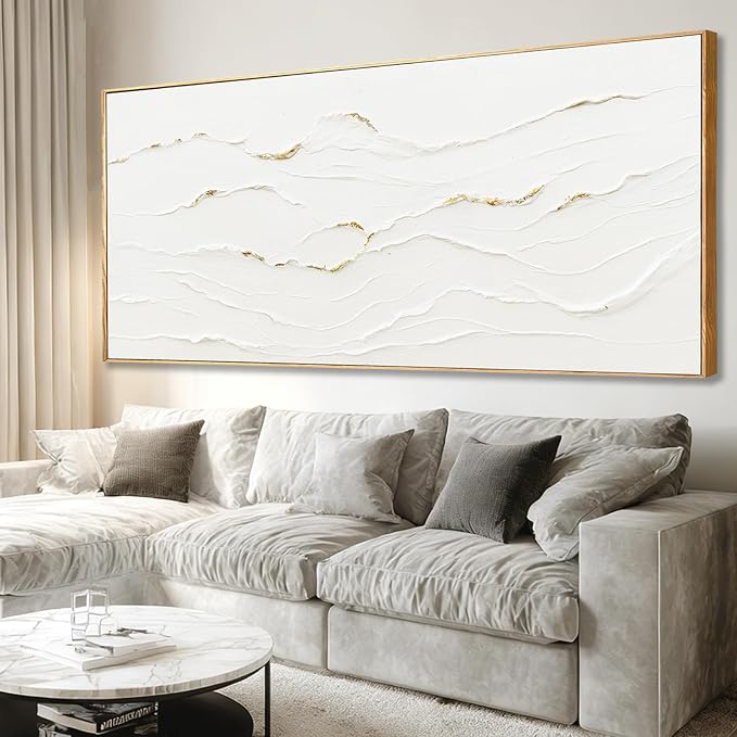 Extra Large Framed White Gold Textured Wall Art for Living Room 32x70 Inch