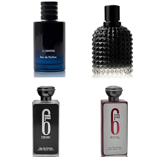A CENTER Men's Cologne Include 4 Variety Pack Perfume Gift Set- 3.4 Fl Oz Each Eau De Parfume Tobacco,Musk,Woody,Masculine Scent Long Lasting Fragrance(MilanoMR&Salva&6PMEB&6PMRO)