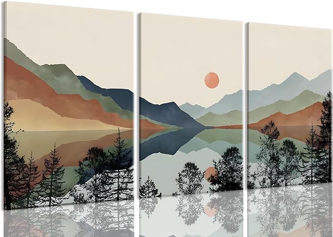 Bwodke Blue Mountain Canvas Wall Art Set of 3, 12x16 inch | Boho Watercolor Wall Decor, Blue Mountain Sun Forest Prints, Living Room Bedroom Office Art