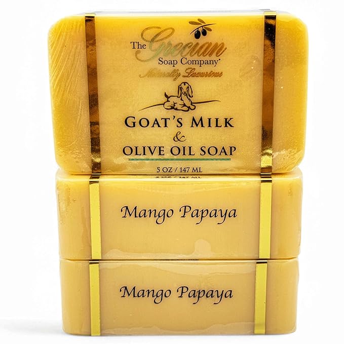 The Grecian Soap Company Goat Milk & Olive Oil Soap Bar 3-Pack – Mango Papaya Scent, Natural Bar Soap for Dry & Sensitive Skin, Moisturizing & Nourishing Body & Face Soap Bars, Handmade in USA