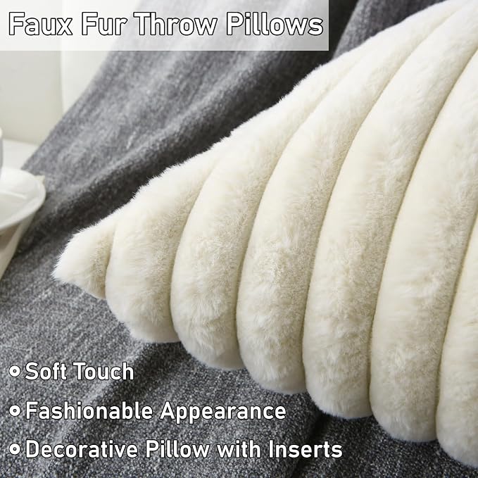 Decorative Throw Pillow with Inserts, Set of 2 Soft Faux Fur Throw Pillows, Square Boho Striped Pillow for Couch, Bed, Sofa Decor (Beige, 20" x 20"(Pack of 2))