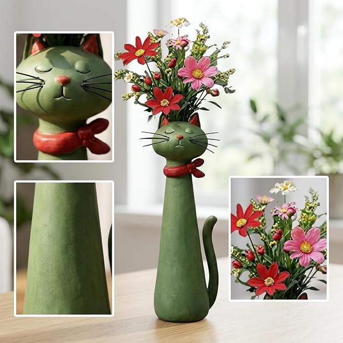 Quirky Cat Vase, Funny Cat Paw Vase for Desk and Shelf Decor, Unique Flower Vase for Small Bouquets, Whimsical Cat Planter in Green