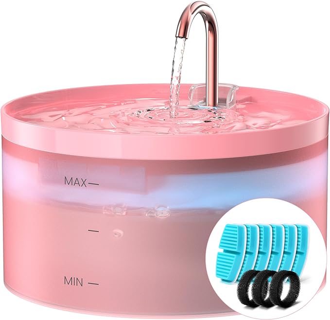Pink Cat Water Fountain: with 6 Carbon Filters + 3 Sponge Filters | 108oz/3.2L Pet Water Fountain Indoor Faucet Cat Fountain for Cats and Dogs