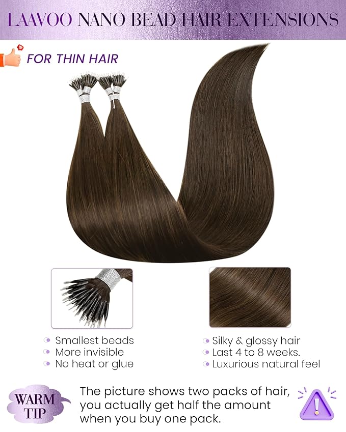 LaaVoo Nano Hair Extensions Human Hair Brown Nano Ring Hair Extension Medium Brown 50g 50s 20in