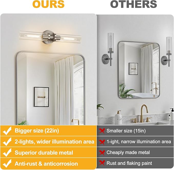 Indoi Brushed Nickel Wall Sconces, Hardwired Bathroom Sconces Vanity Light with Clear Glass, Modern Bathroom Vanity Lights fixtures for Mirror Bedroom Living Room Hallway Kitchen