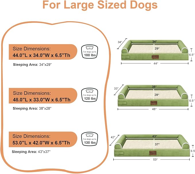 Orthopedic Dog Bed for Jumbo Dogs, 53 x 42 Inch, Grass Green | Egg crate foam for joint support, 3-sided bolster pet sofa, waterproof lining, washable cover, and non-skid base