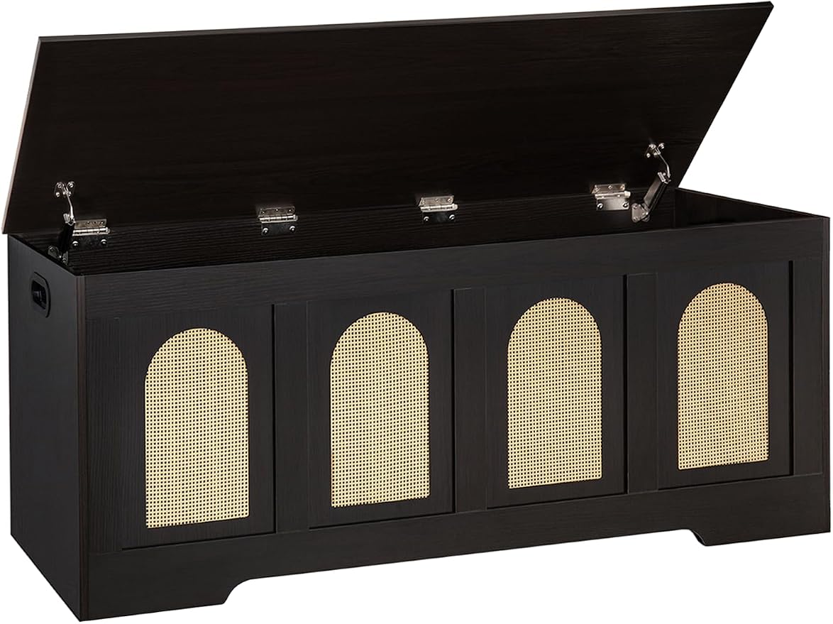 Storage Chest, Wooden Toy Box, Espresso Oak 47.2" L | Entryway Shoe Bench, 2 Safety Hinges, Finger-safe Flip-Top, Easy Assembly, Farmhouse Large Trunk, Rattan, Living Room/Bedroom