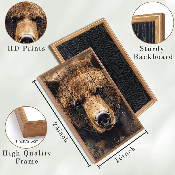 ANHUIB Vintage Brown Bear Canvas Wall Art 16x24 Inch Framed Forest Woodland Paintings Rustic Farmhouse Wildlife Wall Decor Set of 3 for Living Room Bedroom Dining Room