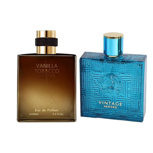 AFLUXE 2PCS Mens Perfume Cologne Long Last Strong EDP Natural Spray Gift Set, with Cocoa, Dried Fruits, Woody Fragrance for Daliy Use, 3.4 Fl Oz / 100 mL Each (Vintage Hero & Vanilla Tobacco)
