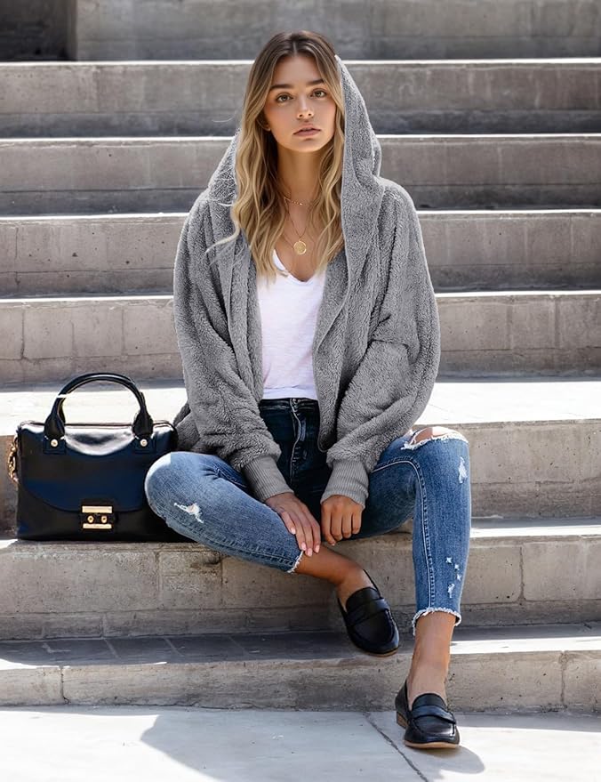 Zilcremo Women Hooded Cardigan Fuzzy Jacket Winter Open Front Fleece Coat Outwear with Pockets