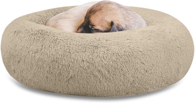 SAVFOX 20 inches Calming Donut Dog Bed - 3X Durable Plush Faux Fur, Machine Washable & Non-Slip, Fits up to 15 lbs, Beige