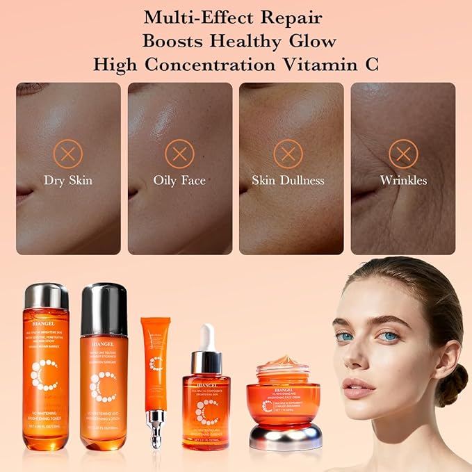 6-Piece Vitamin C Skincare Set for Women, Brightening Face Routine Kit with Lotion & Cream, Anti-Aging & Hydrating Valentine's Gift for Mom, Wife & Her
