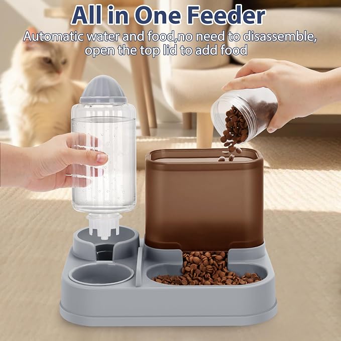 Yummy Sam Automatic Small Pet Feeder and Water Dispenser, 2 in 1 Gravity Cat Auto Pet Feeder and Waterer Set Feeder Dish for Small Medium Pets Dog Puppy Kitten (Brown·)