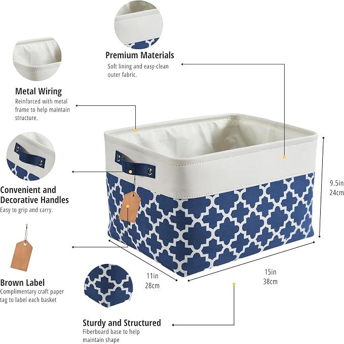 DECOMOMO Storage Bins, Large Fabric Storage Baskets for Shelves 3 Pack | 15 x 11 x 9.5 inches Decorative Linen Closet Organizers with Handles (Blue Patterns)
