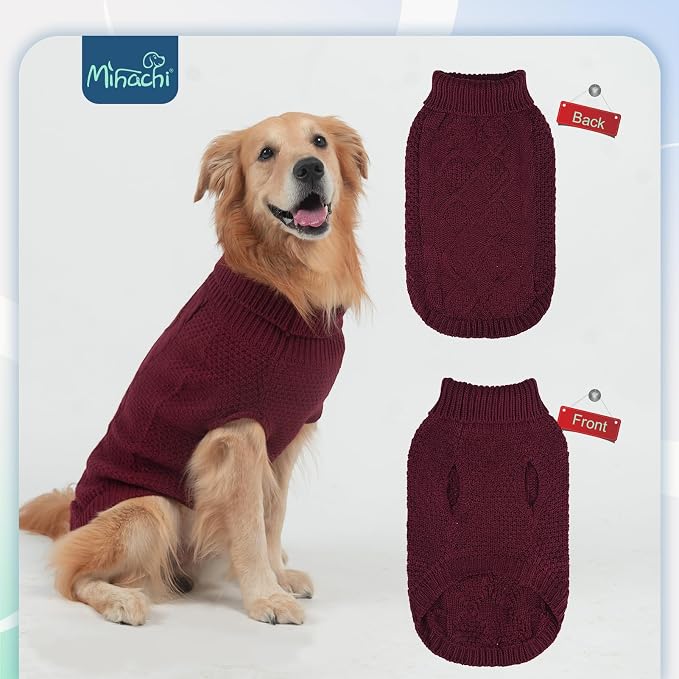 Mihachi Turtleneck Dog Sweater - Winter Coat Apparel Classic Cable Knit Clothes with Leash Hole for Cold Weather, Ideal Gift for Pet in New Year Wine Red M