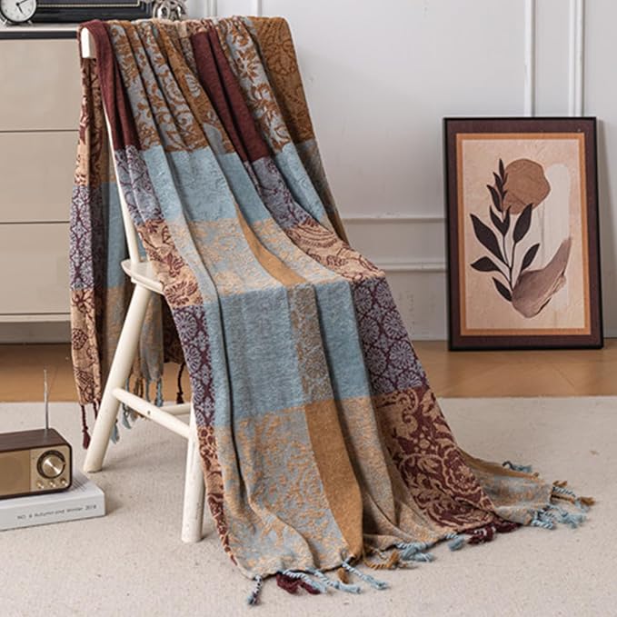 Boho Chenille Throw Blanket, Bohemian Jacquard Tassels Cover for Couch Bed, Decorative Sofa Slipcover Protector - Colorful Tribal Pattern (Vintage, 86 * 102 in)