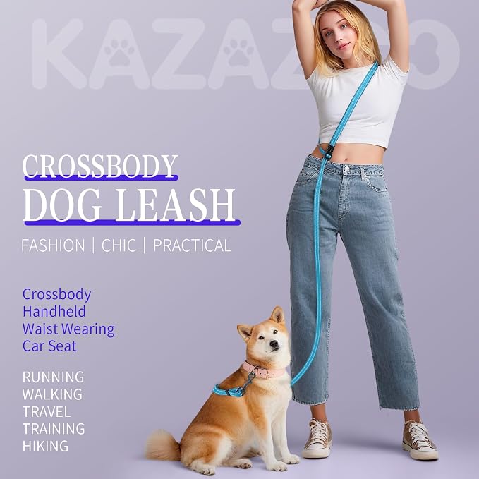 Kazazoo Hands-Free Dog Leash Adjustable Length 5-8 Ft Crossbody &Waist for Dog Walking, Running for Small &Medium Dogs with Reflective Strips, Ballistic Nylon, Waist Belt, Sky Blue